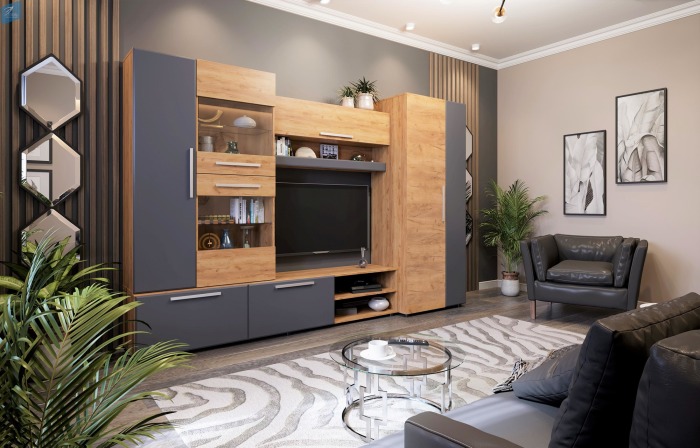 САФАРИ НМ Стенка Корпус -Дуб Крафт золотой Фасад МДФ-матовая Графит Софт