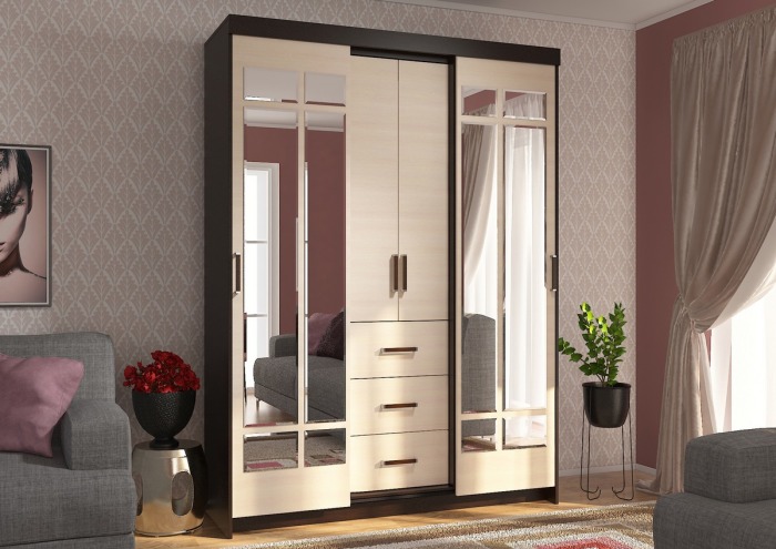 БЕ460 Шкаф-купе Комфорт 6_М (Корпус - Венге Фасад ЛДСП - Дуб молочный) (1596x2180x541 мм) ДВГ