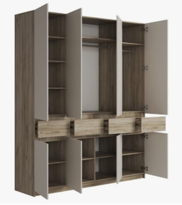 БОСТОН ШК-004 Шкаф 4-ств.ЛДСП(Комп.)(Корп.-Дуб Крафт серый Фасад ЛДПС-Кашемир/Дуб Крафт серый (1996х